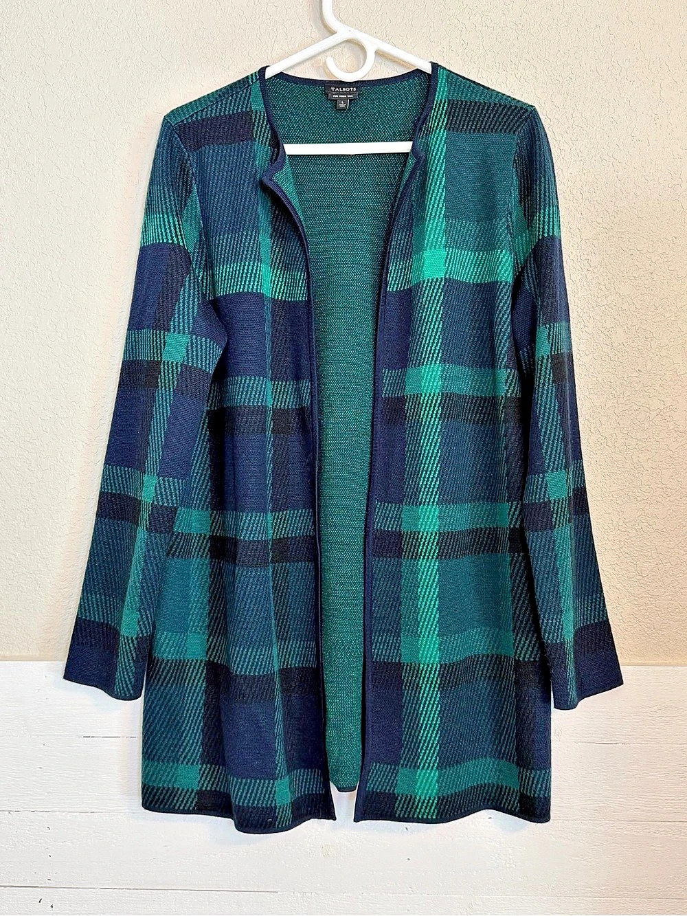 Talbots Black Watch Plaid Merino Wool Open Cardigan Size Large Like New
